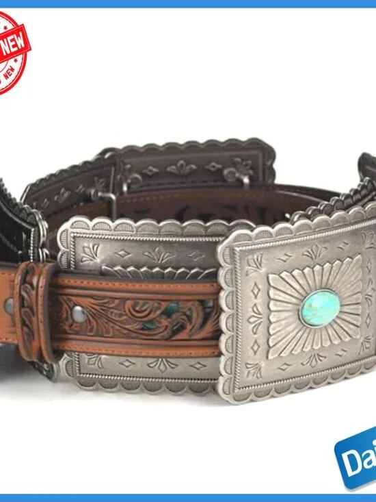 Leather Western Belt with Concho Buckle, Size Small, 1.5" Width - Picture 5 of 7